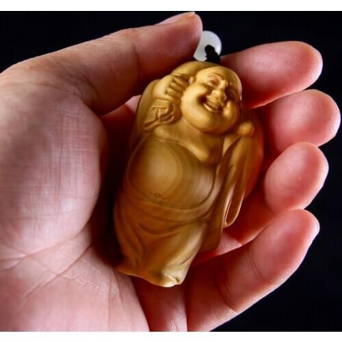 Boxwood 6cm 8cm Maitreya Sculpture Wood Laughing Buddha Statue Metteyya Pendant Home Decor