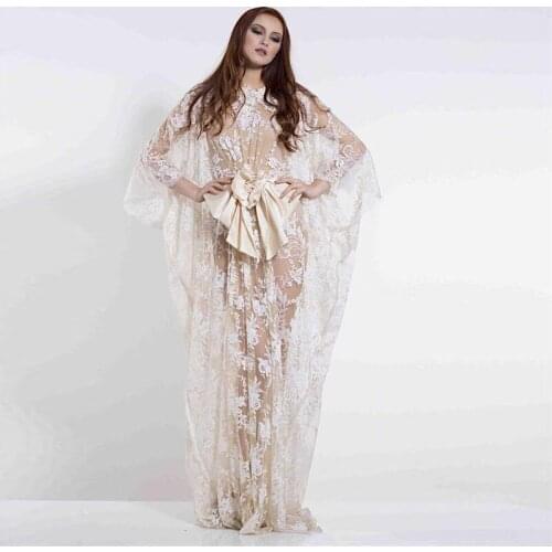 Modest Illusion Full Lace Evening Dresses O Neck Long Sleeve Flower Belt Middle Eastern Style Evening Gowns