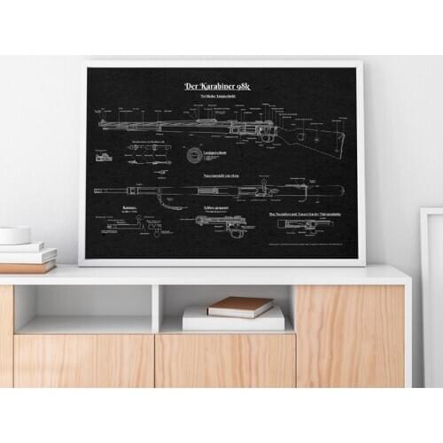 WWII K98 German Rifle Patent Vintage Posters and Prints Blueprint Wall Art Canvas Painting Pictures Decor WWII Memorabilia Gift