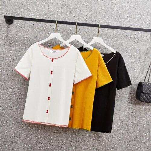 XL-3XL Large size women kint Summer basic sweater 2021 short sleeve o neck button loose casual Oversized sweater pullover Tshirt