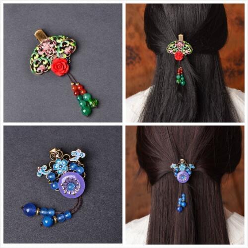 Ethnic Style Cloisonne Fan-shaped Retro Side Clip Hanfu Classical Costume Duckbill Hairpin Chinese Ancient Court Hair Ornament