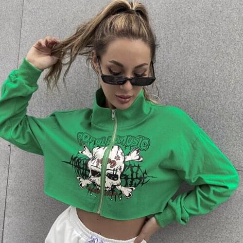 Women Hip Hop Goth Hoodies Skull Print Long Sleeve Loose Cropped Sweatshirt Coat Y2K Harajuku Grunge Punk Zip-up Clothes