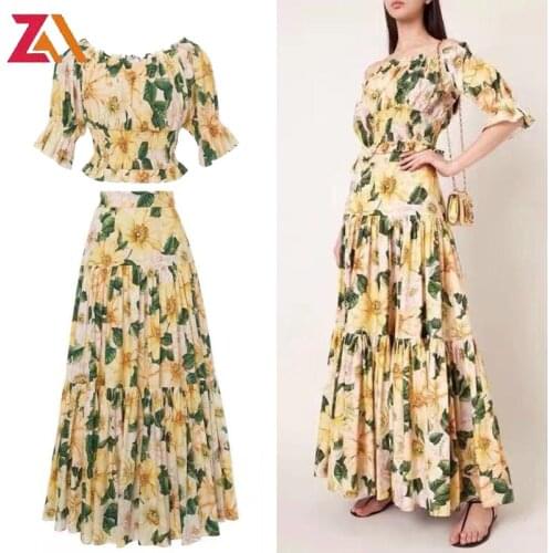 ZALady Runway Luxury Summer Womens Two Piece Set Outfits Ruffles Short Tops And Long Skirt Bohemia Beach Party Suits Robe Femme