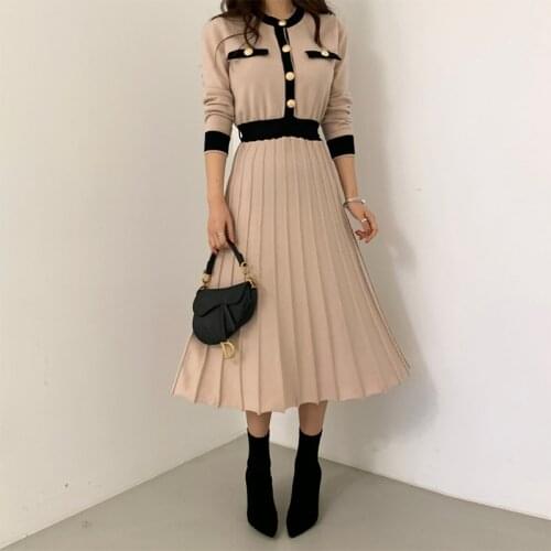 Trendy Winter Dress Women Elegant Office Lady Contrast Trim Button Midi Pleated Dress Woman Long Sleeve Knitted Sweater Dress