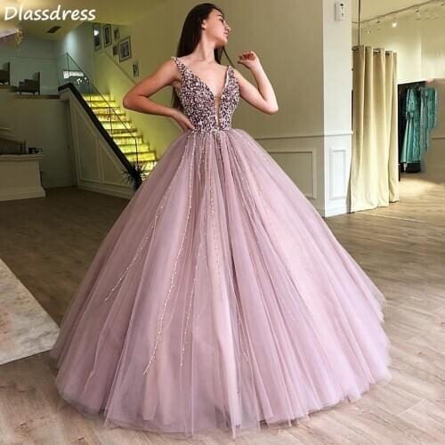 Sleeveless Evening Dress 2020 Hot Sale Beading Deep V-neck Ball Gown Floor Length Tulle Luxury Prom Dress فساتين السهرة