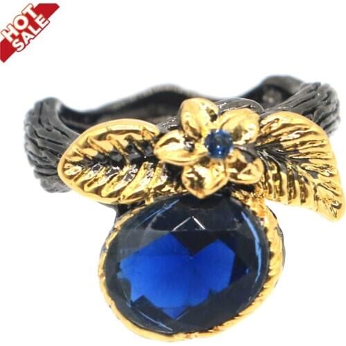 19x17mm Sublime Antique Vintage Created Tanzanite Gift For Ladies Black Gold Silver Rings