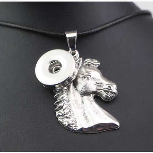 45cm leather rope chain Big Lovely Silver Horse Pendant Necklace 18mm metal snap button necklace DIY Snap Jewelry Accessories