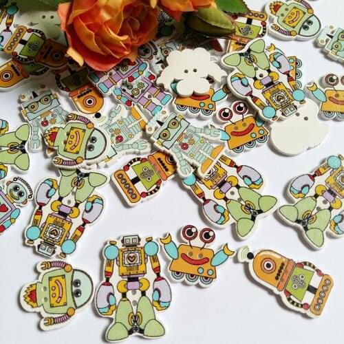 50PCs/lot Wooden Buttons Mixed Cartoon robot buttons Sewing And Scrapbooking 2 Holes Pattern Painting Buttons For Craft