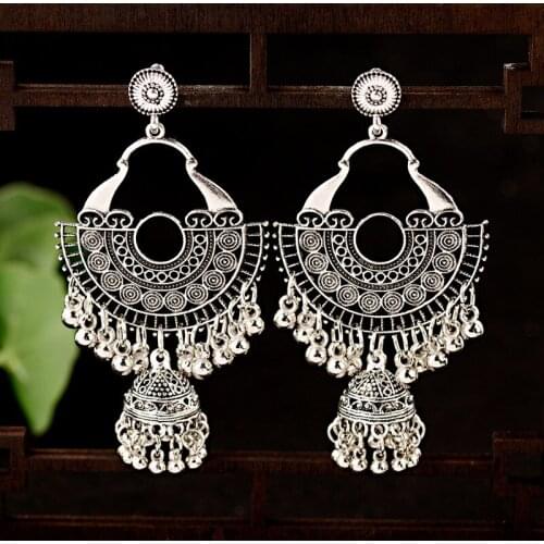 Bohemia Women Silver Color Semicircle Jhumka Jhumki Earrings Indian Jewelry Vintage Retro Tribal Gypsy Bells Tassel Earrings