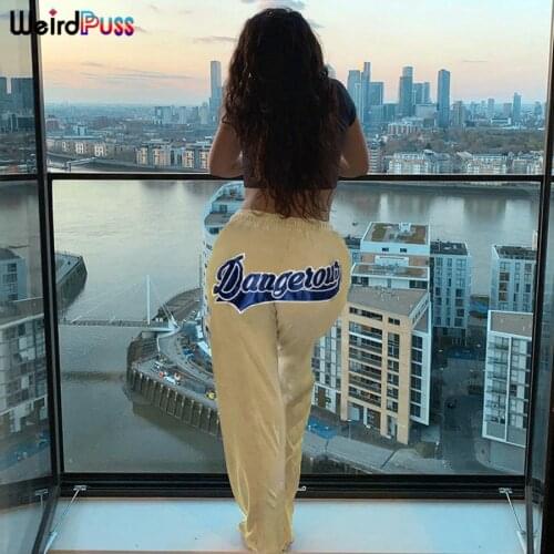 Weird Puss Casual Sporty Y2K Pants Baggy Women Autumn Trend Wild Streetwear Letter Embroidery Basic Slim Wide Leg Long Trousers