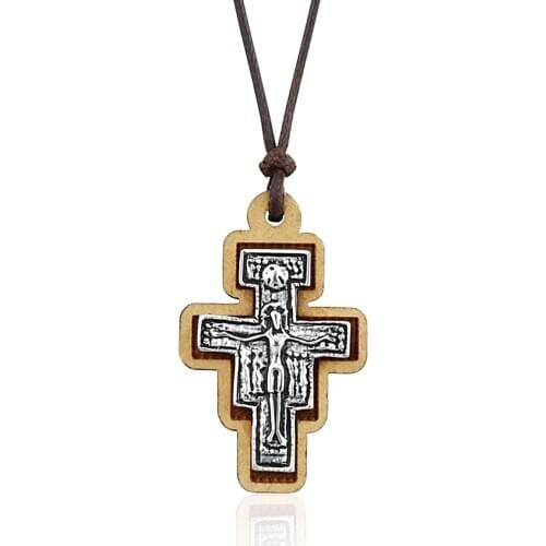 Retro Orthodox Cross Necklace Jesus Pendant Wood Saint St Crucifix Jewelry for Women Men Statement Gifts Rope Chain colar MN301