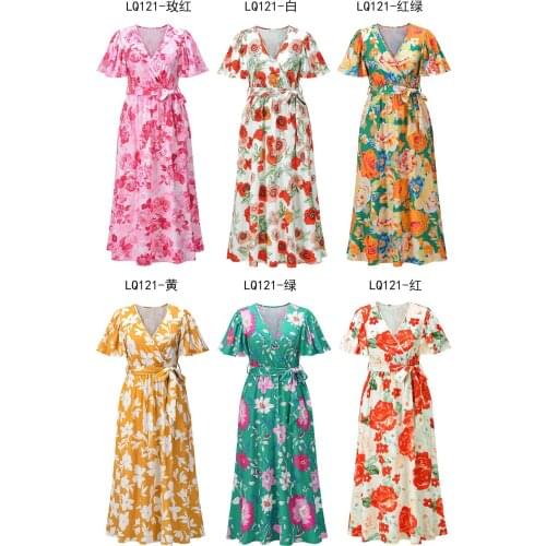 European and American wear dresses for women 2021 summer V-neck lotus sleeve floral skirt slim long dress can be popular