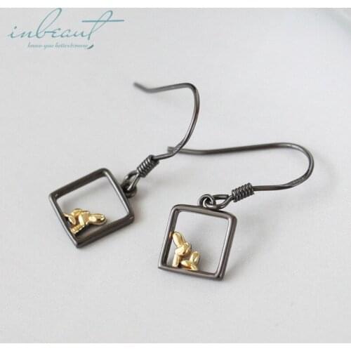 Inbeaut 925 Silver Black Square Gold Artistic Potted Plant Window Drop Earrings Women Ethnic Dangle Earrings Ear Hanging Jewelry