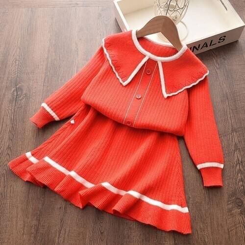 Long Sleeve Cardigan Sweater Outwear Knit Skirt Kids Chindren 2020 Autumn Suit Girls Princess 2PCS Knitwear Clothes Set
