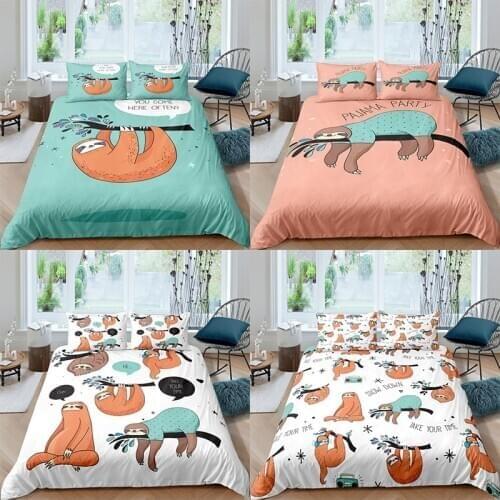 Cute sloth Bedding Set for Kids Cartoon Duvet Cover Set White Bed Set Green Duvet Cover Boys girls Bedding Queen King Size 3pcs
