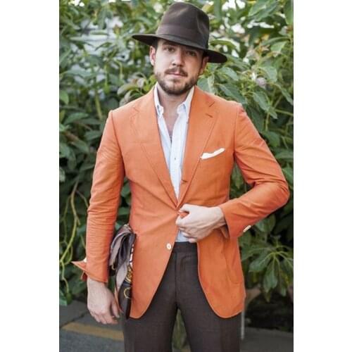 New Summer Orange men Suits Blazer With Grey Pants For Wedding Party Dinner Prom Tuxedos Men Suit stage wear (Jacket+Pants)
