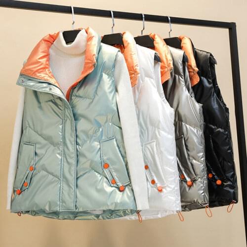 Autumn Winter Glossy Cotton Padded Waistcoat Jacket Womens 2021 New Fashion Loose Sleeveless Coat Short Ladies Casual Vest Tops
