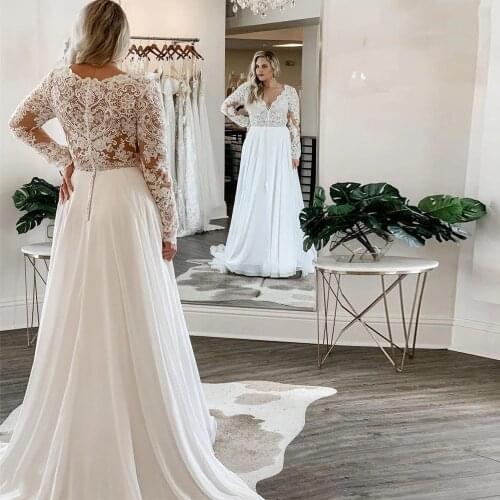 Sexy Wedding Dresses Chiffon Appliques Pleat V-Neck Full Sleeve Covered Button A-Line Bridal Gowns Novia Do 2021 New