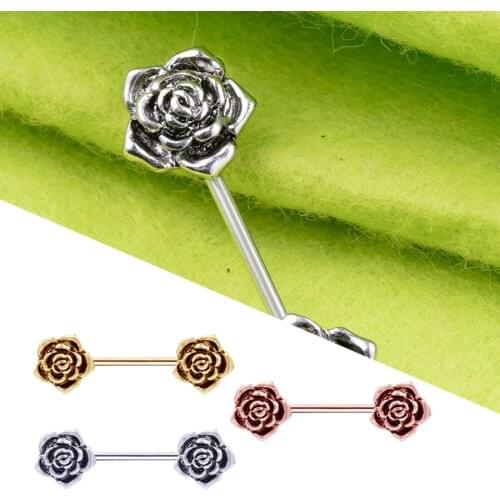 Retro 3x Stainless Steel Rose Flower Nipple Shield, Jewelry Nipple Barbell Nipplerings, for Women Ladies