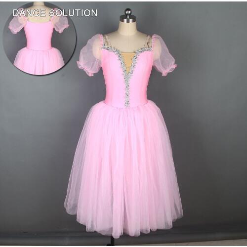 Pink Spandex Bodice with Puff Short Sleeves Romantic Tutu for Lady & Child Practice and Competition Dress Long Ballet Tutu 19024