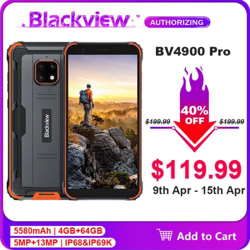 Blackview BV4900 Pro IP68 Waterproof Rugged Smartphone 4GB+64GB 5580mAh 5.7'' Android 10.0 Octa Core NFC 4G Mobile Phone