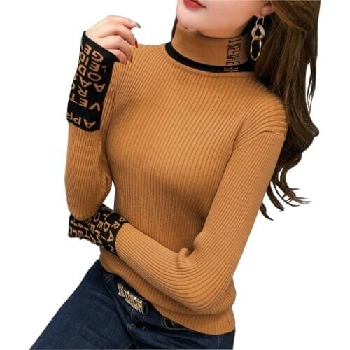 2020 Thick turtleneck sweater women fashion letters printed knitted pullovers female tight stretch bottoming shirt sweaters 3193
