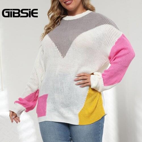 GIBSIE Plus Size Autumn Winter Color Block Sweater Women Long Sleeve Oversized Knitted Sweater Woman O-Neck Pullover Jumper