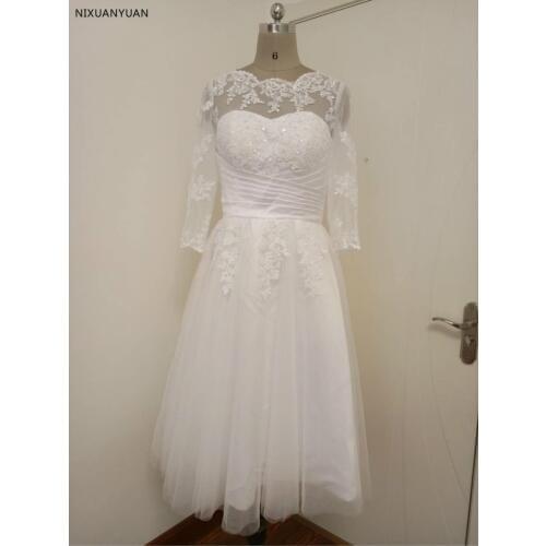 Vestido De Noiva Curto Vintage Ivory Tea Length Long Sleeve Wedding Dress Lace 2021 Wedding Gowns Scoop Short Bridal Dresses