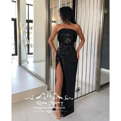 Sparkly Black Sequined Cheap Evening Dresses for Women 2021 Plus Size High Split Vestido De Fiesta De Noche Largos Elegantes