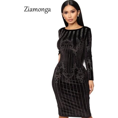 Ziamonga Excellent Quality 2019 Barocco Runway Long Sleeve Autumn Women Dress Sexy Rhinestone Diamond Embellished Bodycon Dress