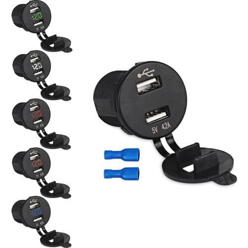 1PCS Waterproof 5V 4.2A Dual USB Car Charger and Voltmeter LED Voltage Meter Panel Socket for Motorcycle Boat Car Truck 12V 24V