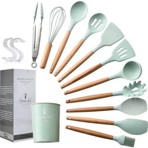 13PC Water Green Storage Barrel 11-piece Silicone Kitchenware with Wooden Handle Nonstick Spatula Kitchen Utensil Cooking Set