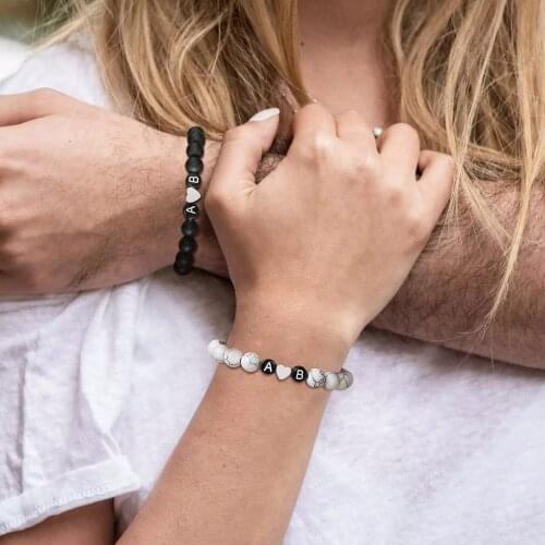 2 Different Letters Opiton from A to Z 26 Letters Beads Charm Couple Bracelets for Women Men,His and Her Love Promise Gift
