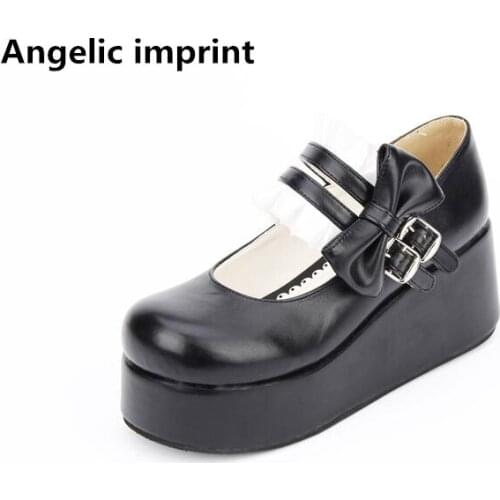 Angelic imprint woman mori girl lolita cosplay shoes lady high wedges heels pumps women princess dress shoes lacework bow 33-47
