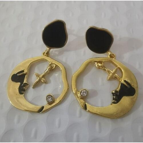 Big Irregular Gold Hoop Hollow Dangle Earrings Charms Moon Star Cross Pendant Black Stone Rhinestone Decor Piercing Earrings