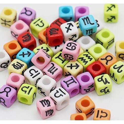 2018 50pcs Opaque Cubes Acrylic Mix Beads Charms Colorful Zodiac Constellation Sign Beads for Jewelry Making Bracelet 7x7mm