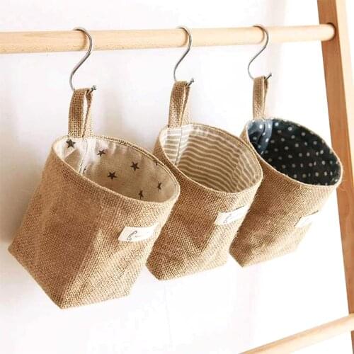 Jute Cotton Linen Bag Desktop Storage Basket Hanging Pocket Small Sack Sundries Storage Box with Handle Cosmetic Basket