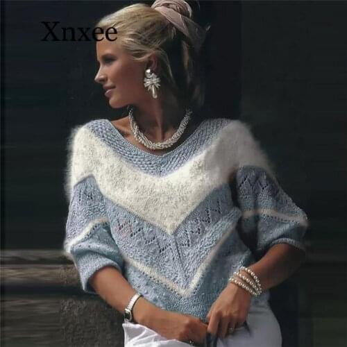 Elegant Fashion Women O-Neck Symmetrical V Pattern Warm Winter Loose Kint Pullover Top Solid Patchwork Korean Sweaters Hot