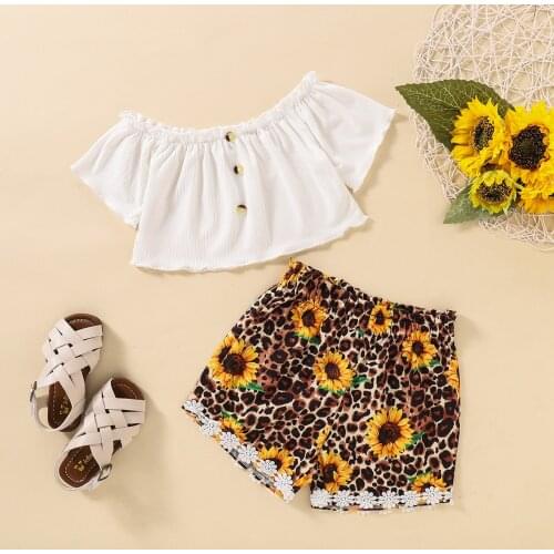 2 Pcs Toddler Summer Outfits Girls Off-shoulder Solid Color Boat Neck Short Sleeve T-shirt + Sunflower Leopard Print Shorts 2-7T