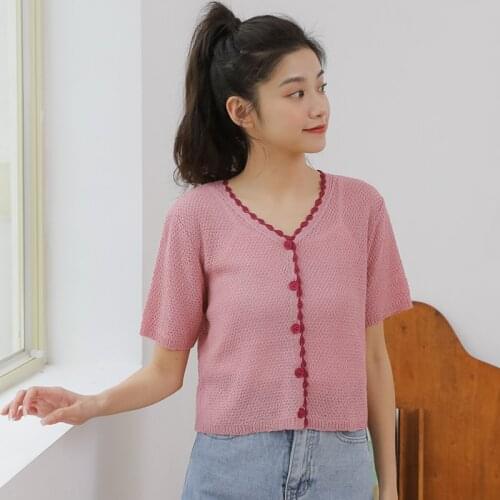 Retro Wavy Edge Stitching Knitted T-shirt Women Chic Button V Neck Short Sleeve Slim T Shirt Female Summer Casual Tops