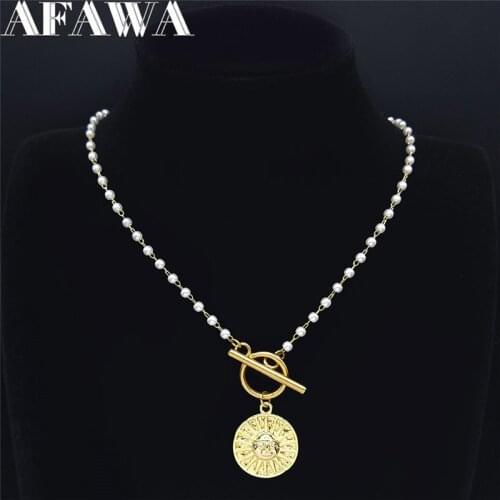 Divination Astrology Sun Stainless Steel Imitation Pearls Necklaces Charm Gold Color Round Necklaces Jewelry collar NXS02