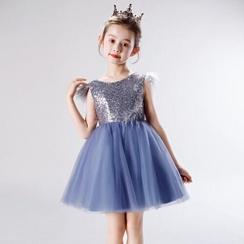 Blue Lace Girl Summer Dress Weddings Party dress for Girls Sequined Princess Gown Pageant Flower Girl Dress For First Communion