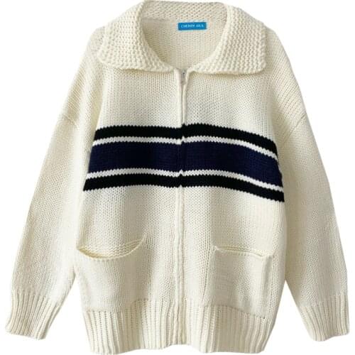 HED 2020 autumn and winter korean style turn down collar stripe zipper thick knittd cardigans womens sweaters womens