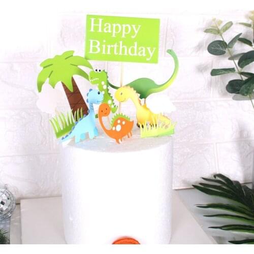 Coconut Tree Dinosaur Cake Topper Happy Birthday Cake Decoration Green Grass Kids Favor Dinosaur Party Supplies Cake Accessories