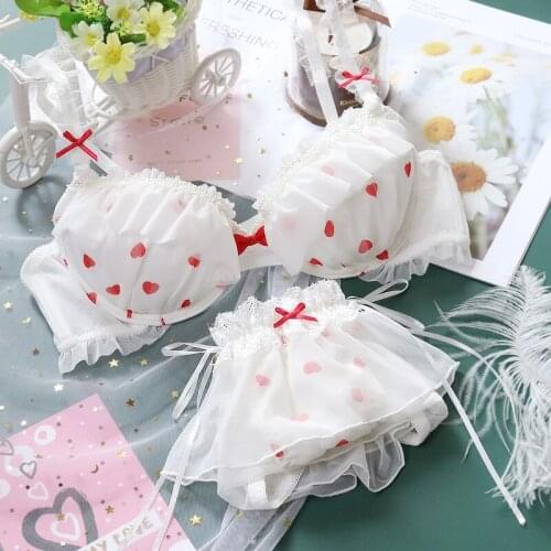 Wriufred Girly Underwear Set Plus Size Sweet Love Bow Fairy Net Yarn Loli Steel Ring Bra with Panties Suit Women Sexy Lingerie