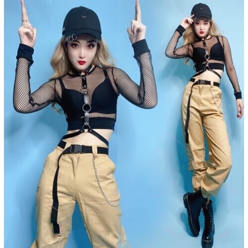 Hip Hop Costumes Female Jazz Performance Clothes Sexy Mesh Tops Trousers Street Dance Outfit Women Modern Stage Wear DNV13256