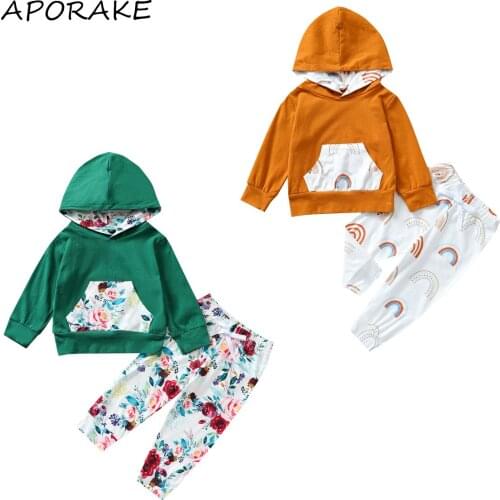 2021 0-4Y Kids Girls Casual Clothes Set Rainbow/ Floral Printed Pattern Hooded Pullover With Pockets+Pants Spring Autumn 2pcs