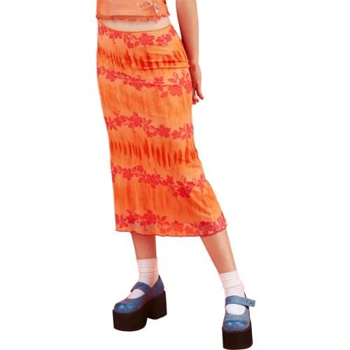 Fashion Summer Women Boho Beach Casual Style Skirts Female High Waist Floral Printing Orange Midi Skirt Party Holiday Clothing