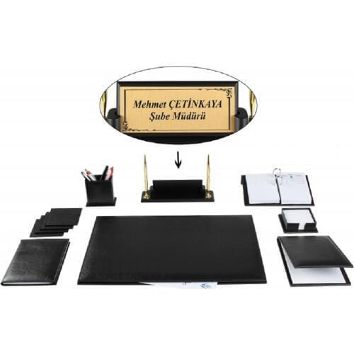 YERSU Office Business Black Leather Desk Table Pad Accessories Set and Wooden Nameplate FULL SET Free Engraving to Name Plate