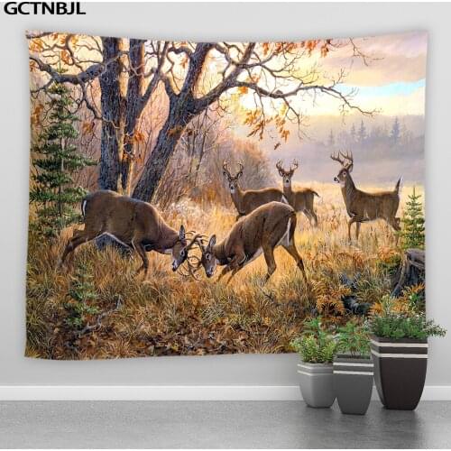 Wild Animals Elk Wall Hanging Tapestry Autumn Forest Deer Tapestries Mural For Bedroom Living Room Dorm Bohemia Home Decoration